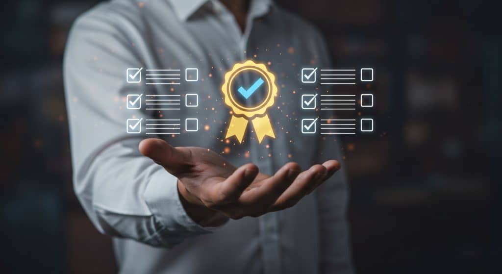 Quality Assurance concept with checklist and certification icon, symbolizing verified standards, compliance, and trust for business, corporate, or technology presentations.